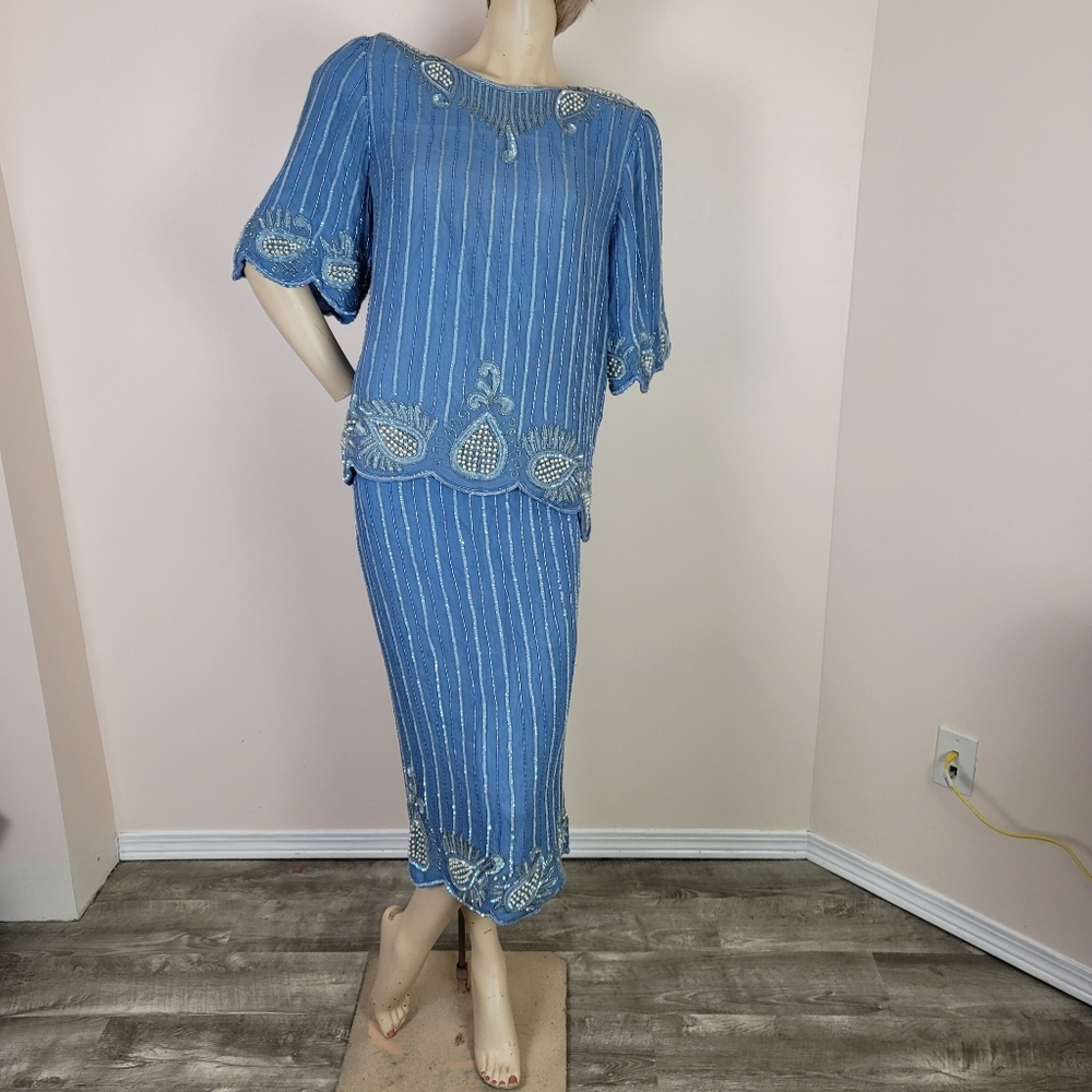 Vintage 2 piece beaded skirt and top set blue